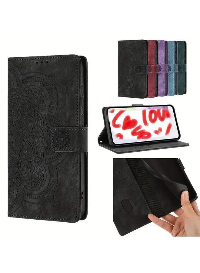 Black Leather Card Holder Phone Case For Galaxy S24 Ultra With Lanyard - Image 3